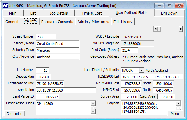 Job Screen after being populated with data from LINZ